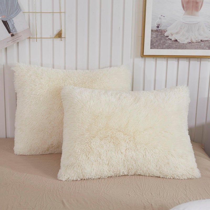 XeGe Faux Fur Throw Pillow Cases, Plush Shaggy Ultra Soft Pillow Covers, Fluffy Crystal Velvet Decorative Pillowcases, Furry Fuzzy Pillow Shams Zipper Closure, Set of 2 (King, Light Beige) - Image 1